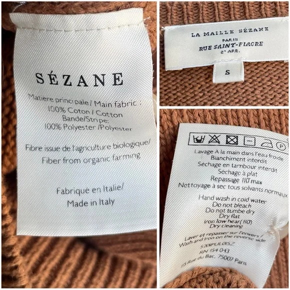 SEZANE Tan Brown Organic Cotton Button Balloon Sleeve Sweater Leontine Jumper - Picture 12 of 13